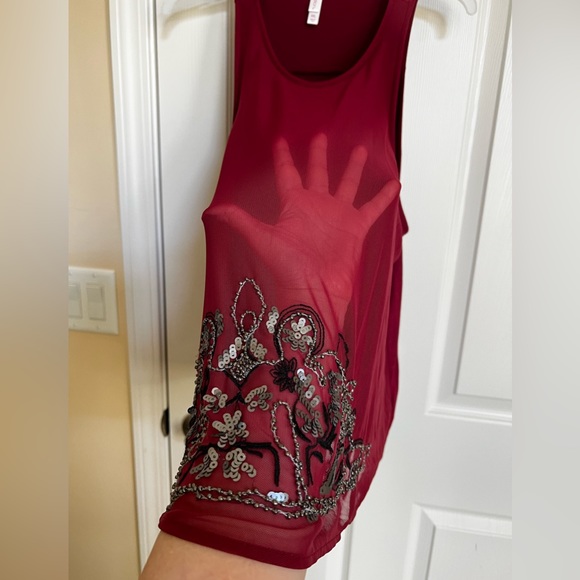Xhilaration, Burgundy-Grey Embroidered, Beaded & Sequins Mesh Tank top. XXL. - Picture 5 of 10